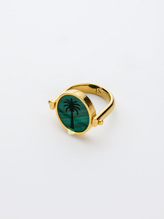 Si-gnet Ring Gold w. Malachite + Palm
